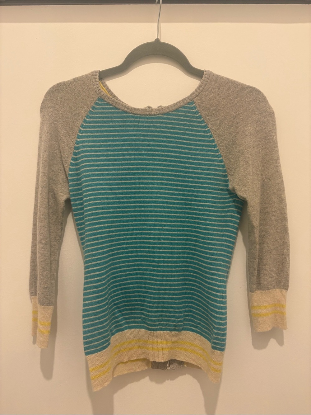 Autumn Cashmere Teal & Gray Striped Cashmere Top with Yellow Accent